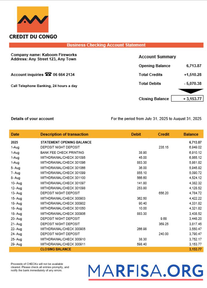 Blank Congo Credit du Congo bank business account statement Word and PDF template
